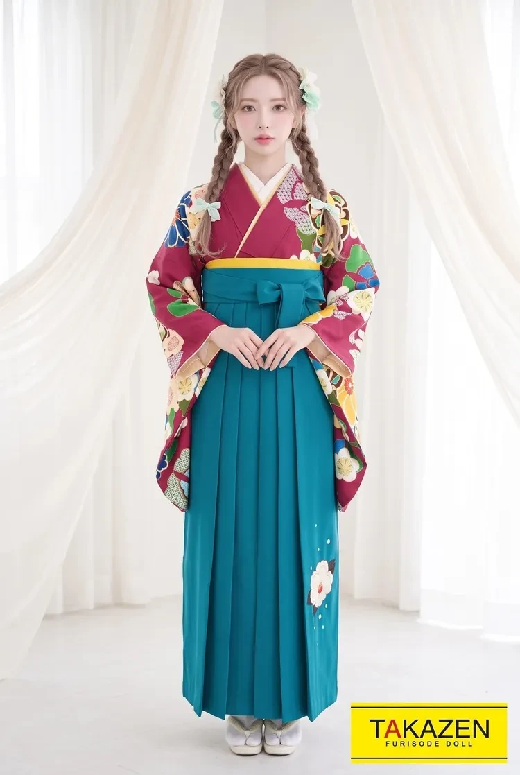 TAKAZENのレンタル袴 藤田ニコル(ニコるん) ワインレッド/黄色 桜柄 個性的 目立つ 古典【通販可】R21060