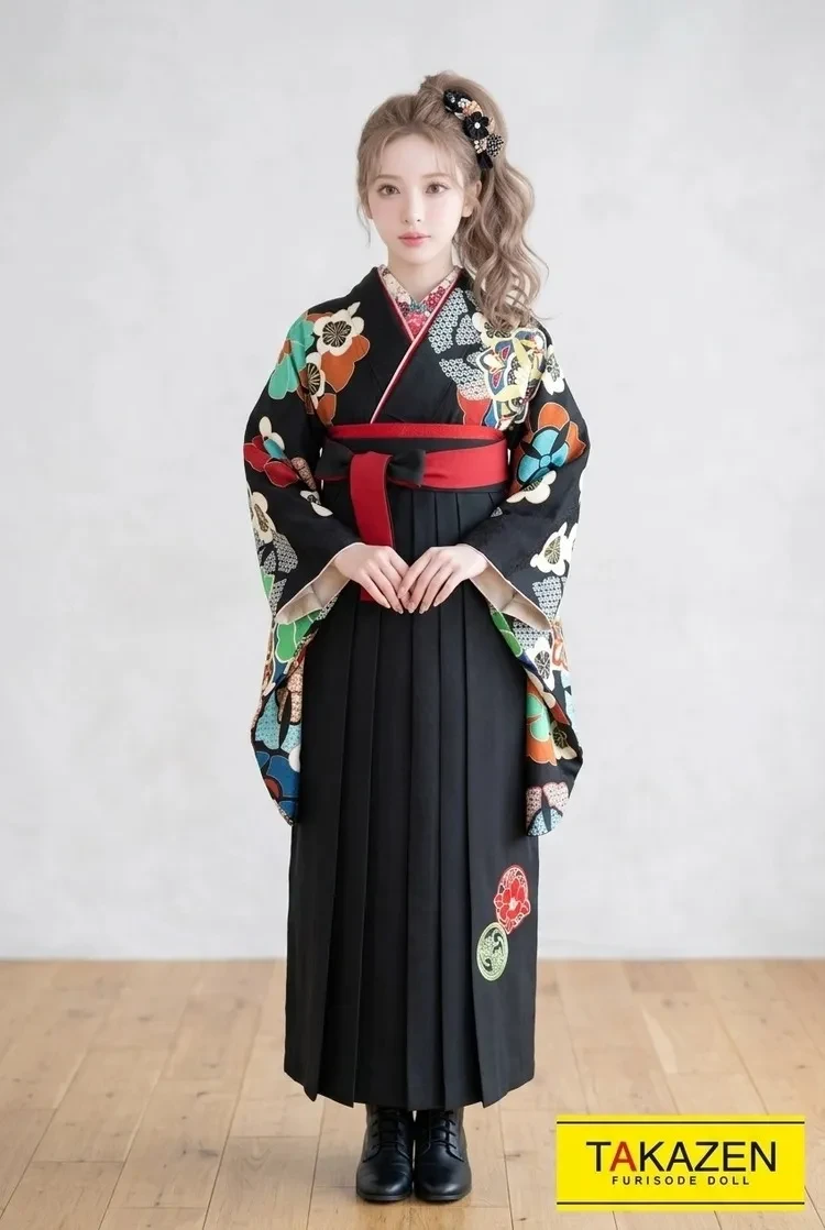 TAKAZENのレンタル袴 藤田ニコル(ニコるん)　黒/グリーン(緑色)　古典柄　かっこいい　大人っぽい【通販可】R21061