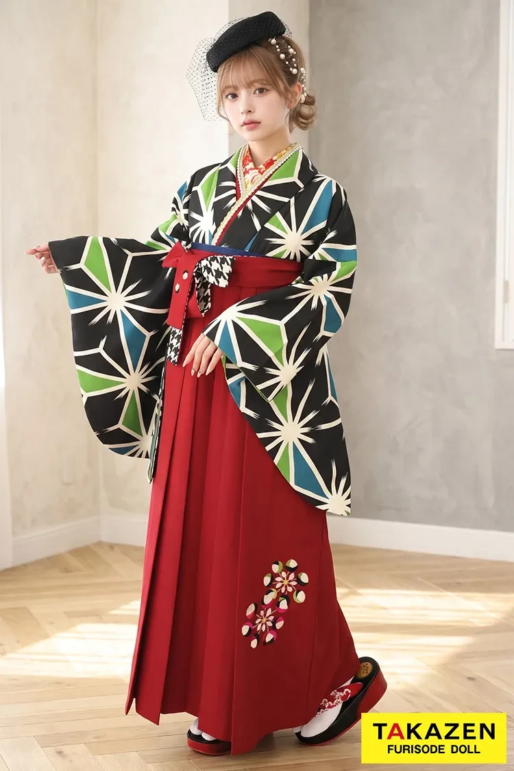 TAKAZENのレンタル袴 レトロ 黒/青/緑 麻の葉模様 シンプル 清楚古典 大人っぽい 個性派【通販可】RY132