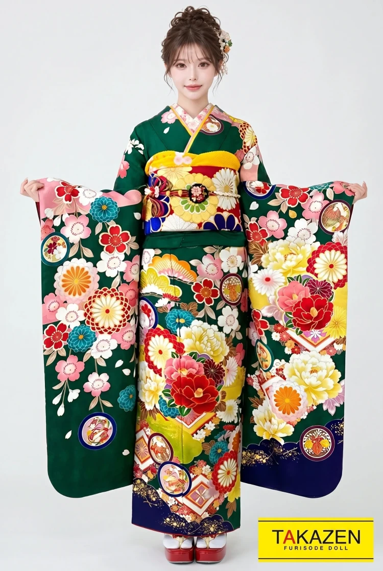 TAKAZENのレンタル振袖 正統派古典 黄/赤/グリーン(緑色) 椿柄 華やか かわいい古典振袖 レトロポップ【通販可】YK0161