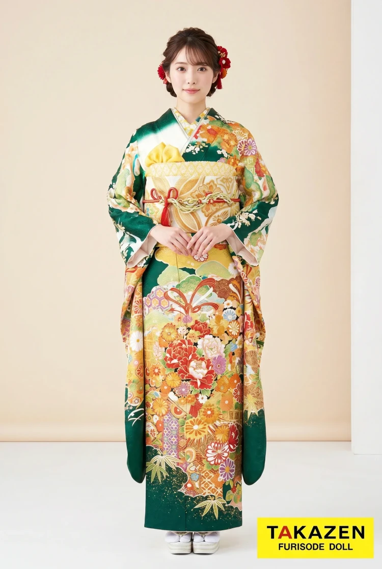 TAKAZENのレンタル振袖 正統派古典　緑/白金　金彩牡丹柄　豪華　桂由美プレミアム振袖　上品　おしとやか　清楚【通販可】21037