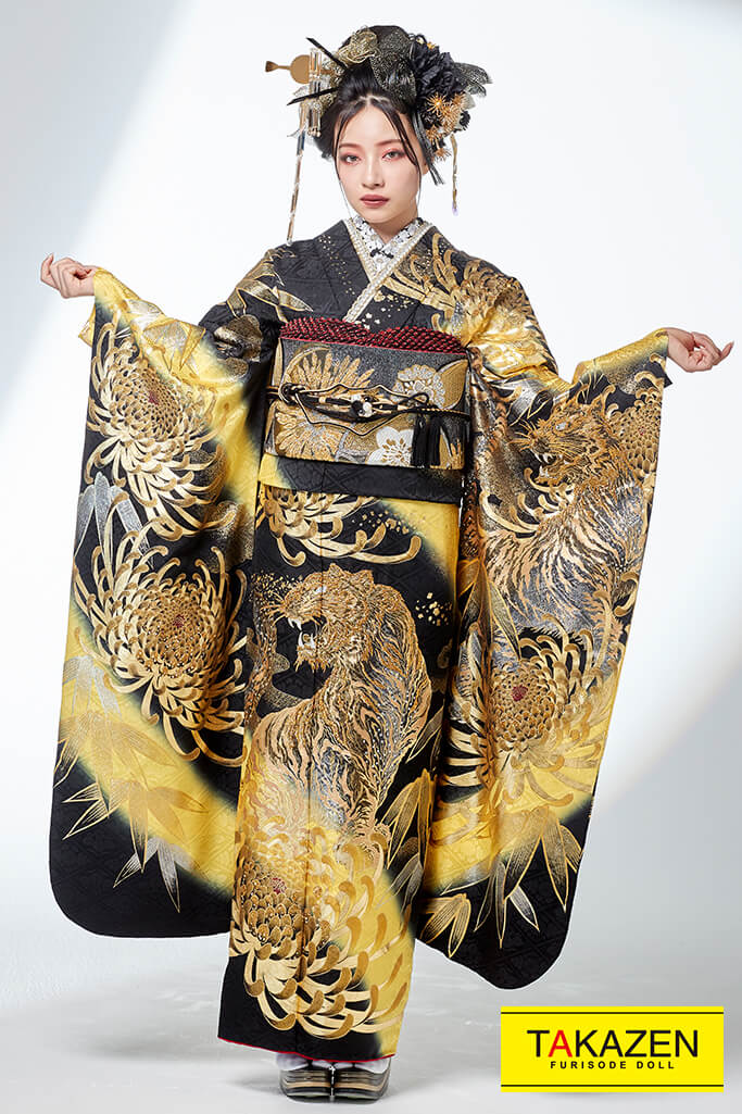 絶対目立つ派手ジャパンモード 豪華トラ柄 黒 黄 ゴールド 金色 22年度新作 207 Japan Mode 振袖 袴レンタルなら Takazen 大阪 心斎橋 堺 兵庫 神戸 奈良の店舗へ