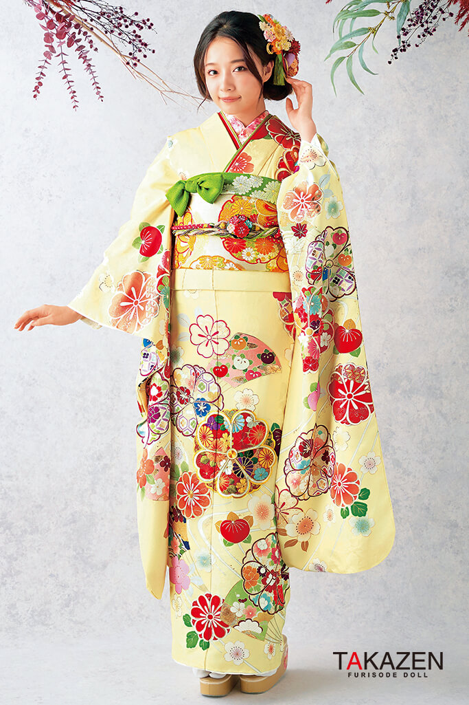 TAKAZENのレンタル振袖 正統派古典 黄/クリーム/パステルカラー 桜柄 ポップ 可愛らしい古典振袖 インクジェット大賞受賞柄 上品【通販可】22011
