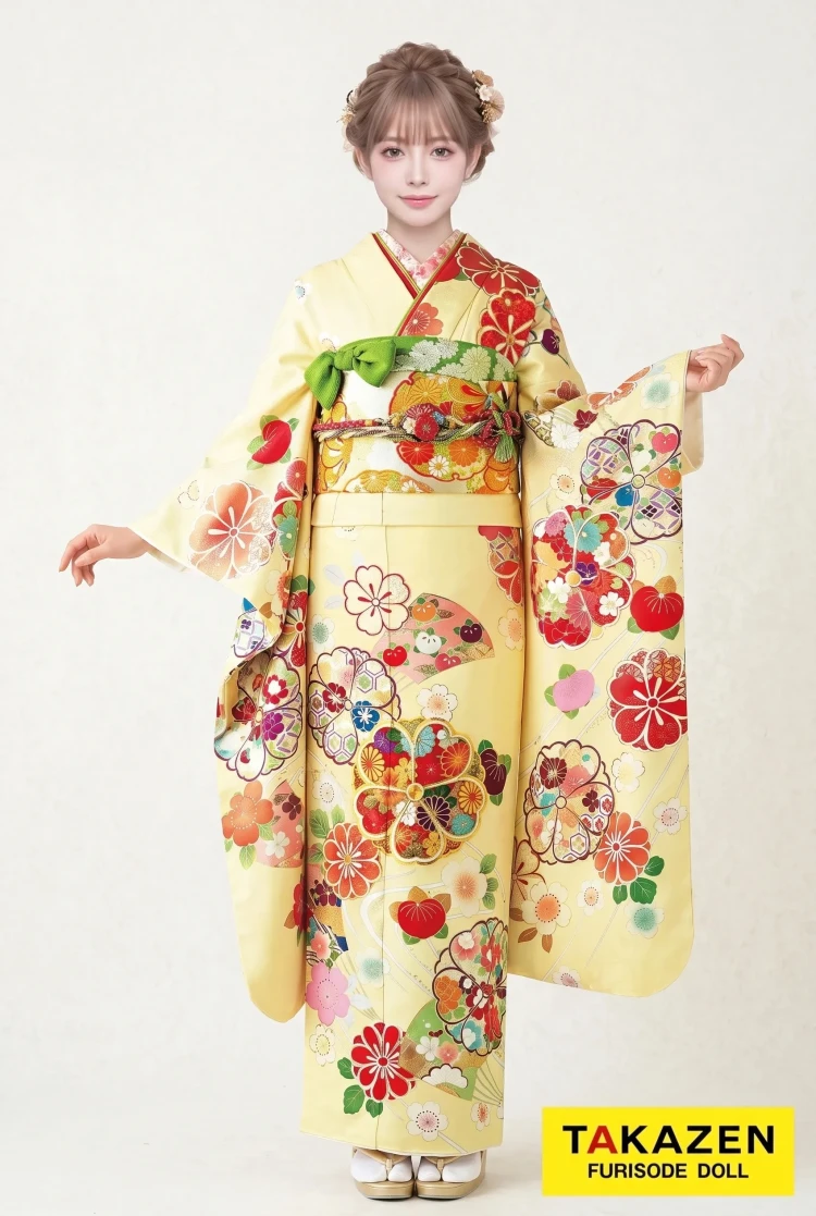TAKAZENのレンタル振袖 正統派古典　黄/イエロー　桜柄　ポップ　可愛らしい古典振袖　インクジェット大賞受賞柄　上品【通販可】22011