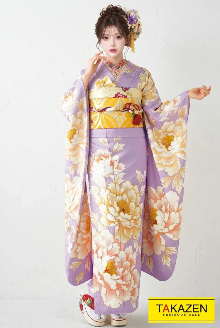TAKAZENのレンタル振袖 正統派古典　紫/クリーム/パステルカラー/淡い色　大柄/牡丹柄　古典　シンプル振袖　上品【通販可】22012