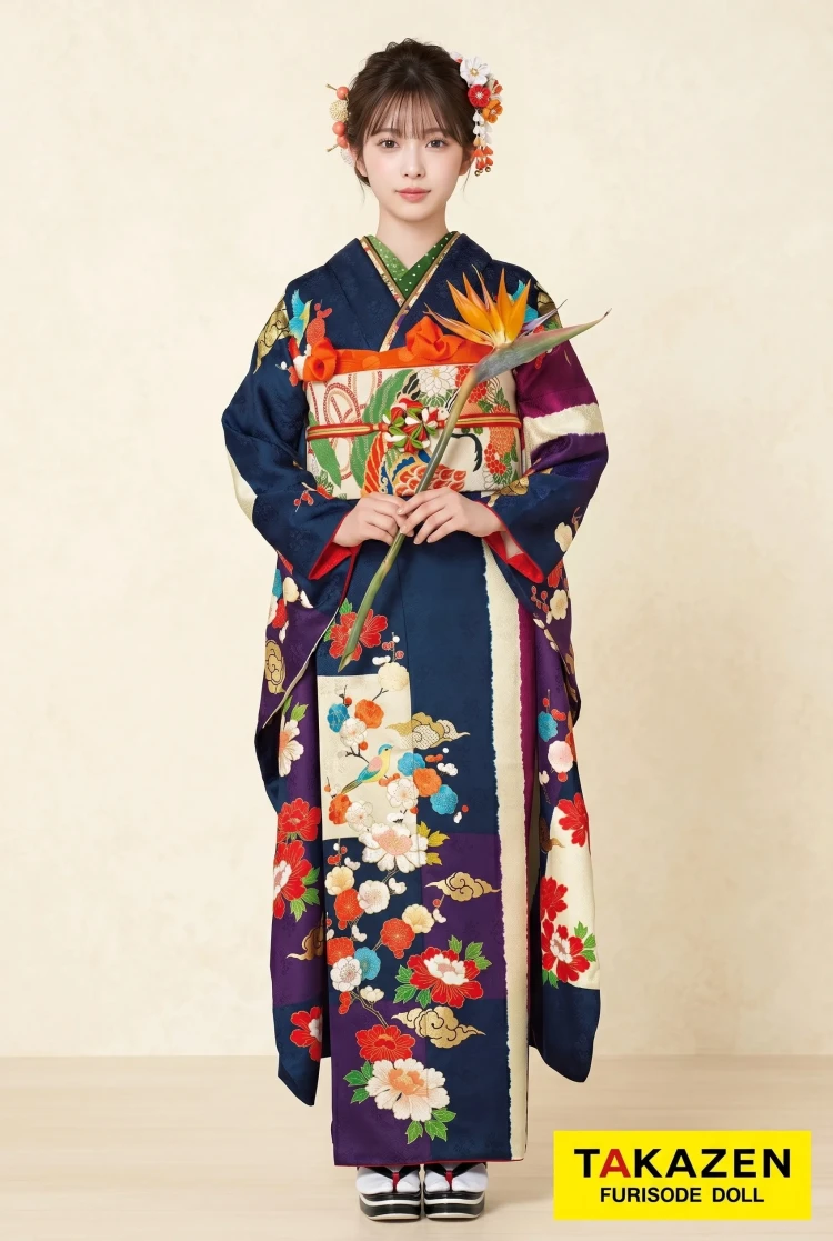 TAKAZENのレンタル振袖 大人っぽい 紺/紫/白 鶯柄/牡丹柄 シンプル 上品古典振袖 珍しい 柄小さい【通販可】22015
