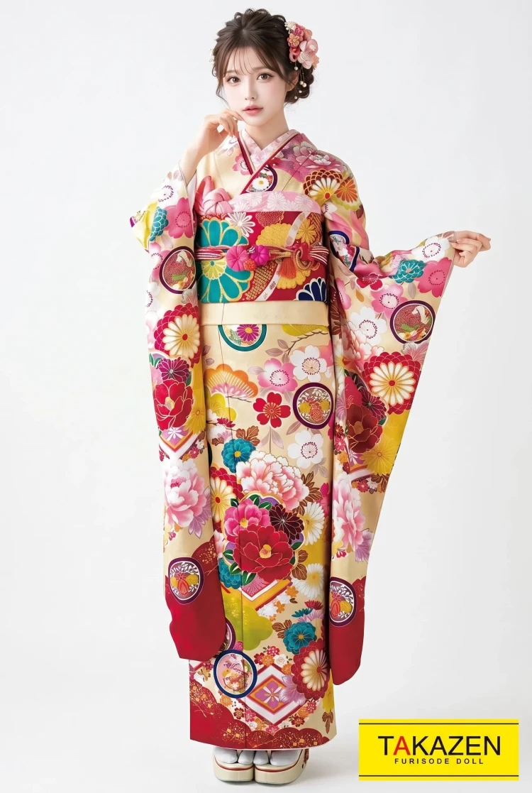 TAKAZENのレンタル振袖 正統派古典　クリーム/ピンク　ツバキ柄　清楚　可愛い　華やか古典振袖　レトロポップ　女の子らしい【通販可】22017