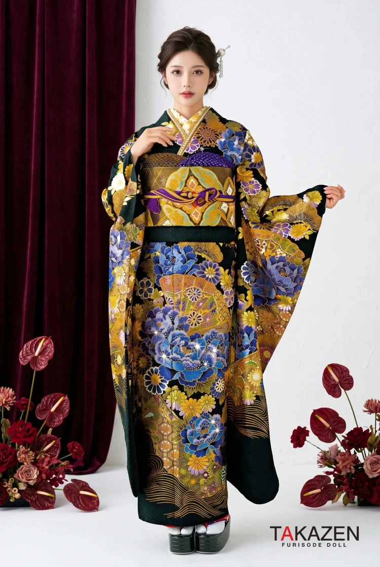 TAKAZENのレンタル振袖 粋古典　黒/紫/ゴールド(金色)　牡丹柄/扇柄　派手　かっこいい　最高級金彩古典振袖　目立つ　かっこいい　キラキラスワロフスキー付き【通販可】22022