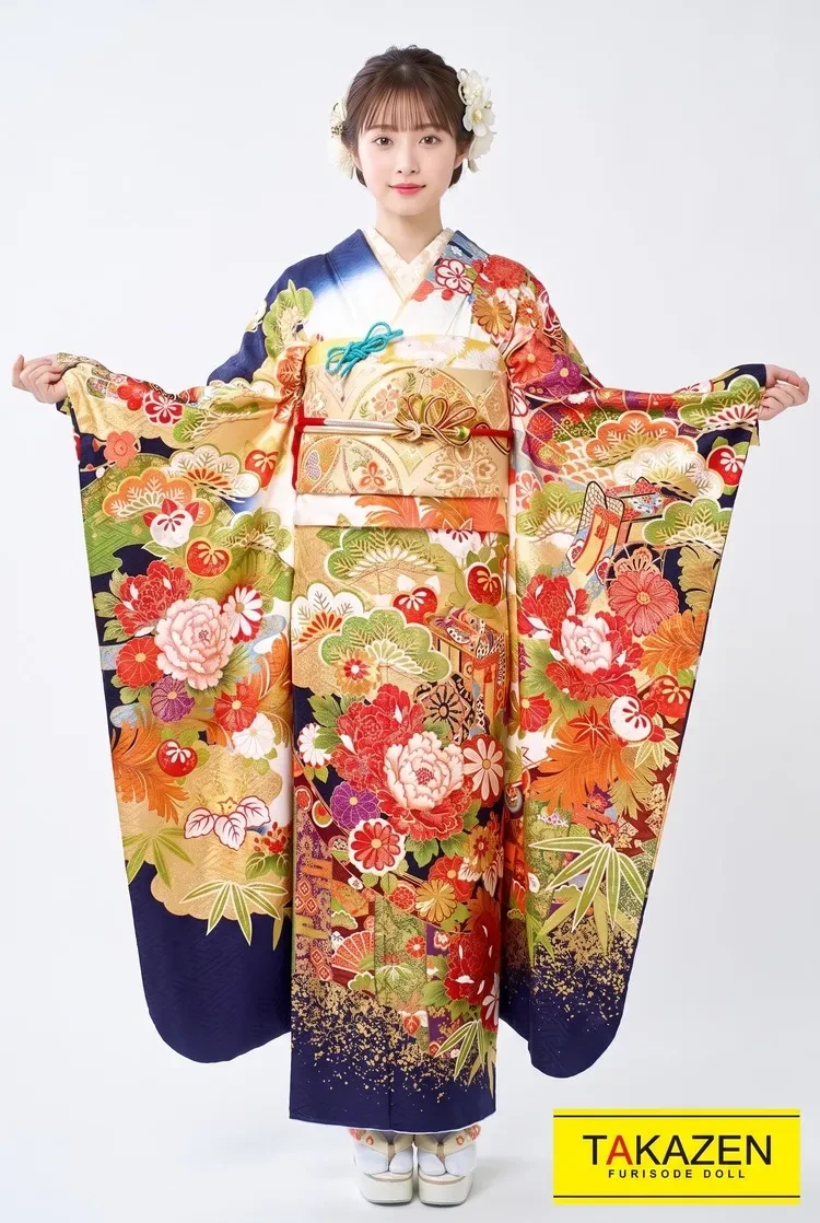 TAKAZENのレンタル振袖 桂由美プレミアム 白/紺 牡丹柄 豪華 上品古典 高級振袖 華やか 桂由美プレミアム振袖【通販可】22024