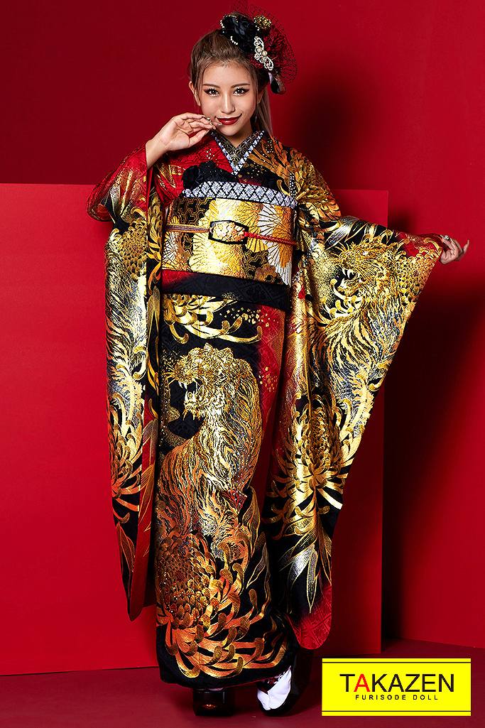 派手かっこいいキラキラジャパンモード 花魁風目立つトラ柄 赤 黒 ゴールド 金色 22年度新作 243 Japan Mode 成人式 振袖 卒業式袴レンタル 前撮りなら Takazen 大阪 梅田 心斎橋 堺 兵庫 神戸 奈良の店舗へ