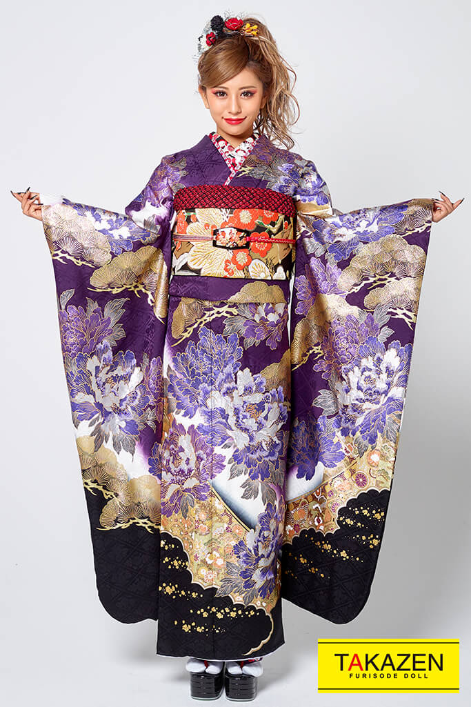 花魁風渋いジャパンモード振袖 クールかっこいい 紫 黒 ゴールド 金色 22年新作 245 通販可 成人式振袖 卒業式袴レンタル 前撮りなら Takazen 大阪 梅田 心斎橋 堺 兵庫 神戸三宮 奈良の店舗へ
