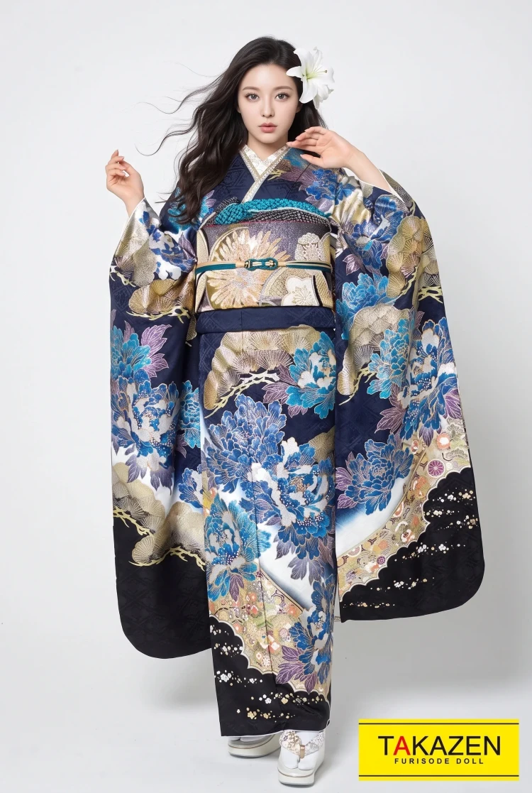 TAKAZENのレンタル振袖 ジャパンモード　ブルー(青色)/ゴールド(金色)　松柄/牡丹柄　花魁風　渋い　かっこいい　派手振袖　目立つ　豪華【通販可】22046