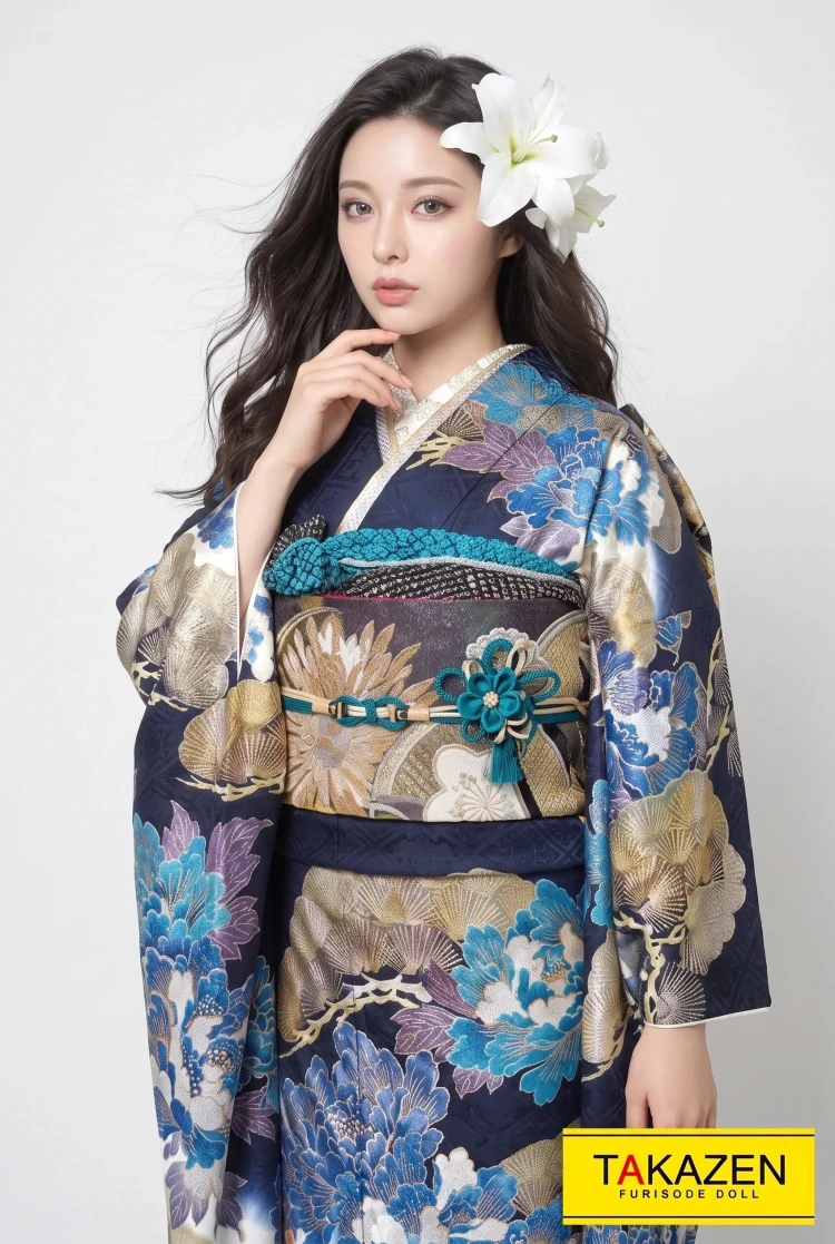 TAKAZENのレンタル振袖 ジャパンモード　ブルー(青色)/ゴールド(金色)　松柄/牡丹柄　花魁風　渋い　かっこいい　派手振袖　目立つ　豪華【通販可】22046