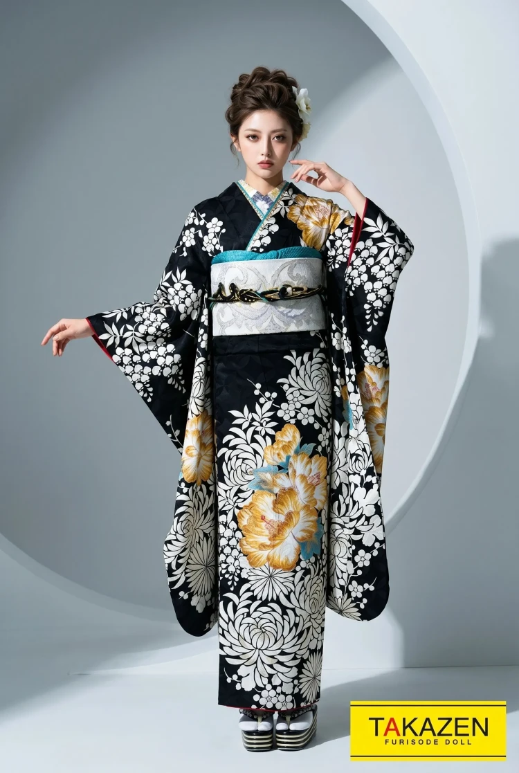TAKAZENのレンタル振袖 モード 黒/白 乱菊柄 大人可愛い 渋い 目立つ ナチュラルビューティーブランド振袖【通販可】22052