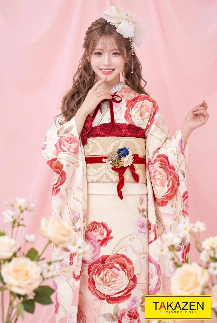 TAKAZENのレンタル振袖 キュートガーリー　淡色/白/ピンク　リボン柄/ドット柄　甘め　あざとかわいい　リボンアレンジ　女の子らしい【通販可】22054