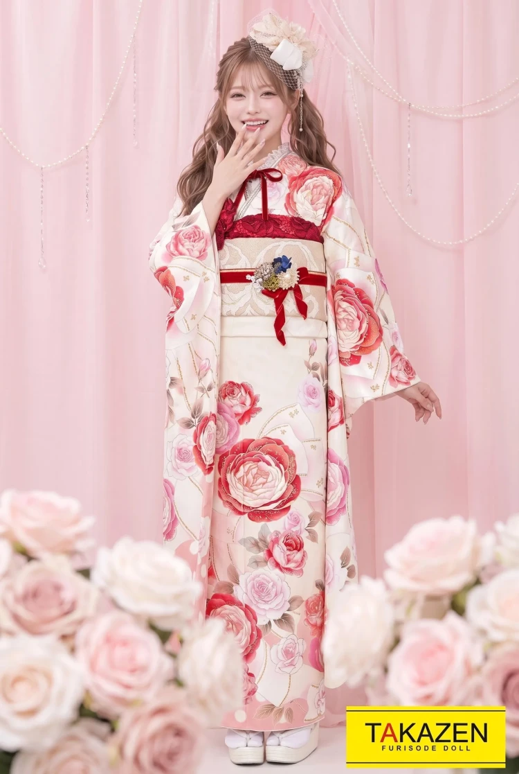 TAKAZENのレンタル振袖 キュートガーリー 淡色/白/ピンク リボン柄/ドット柄 甘め あざとかわいい リボンアレンジ 女の子らしい【通販可】22054