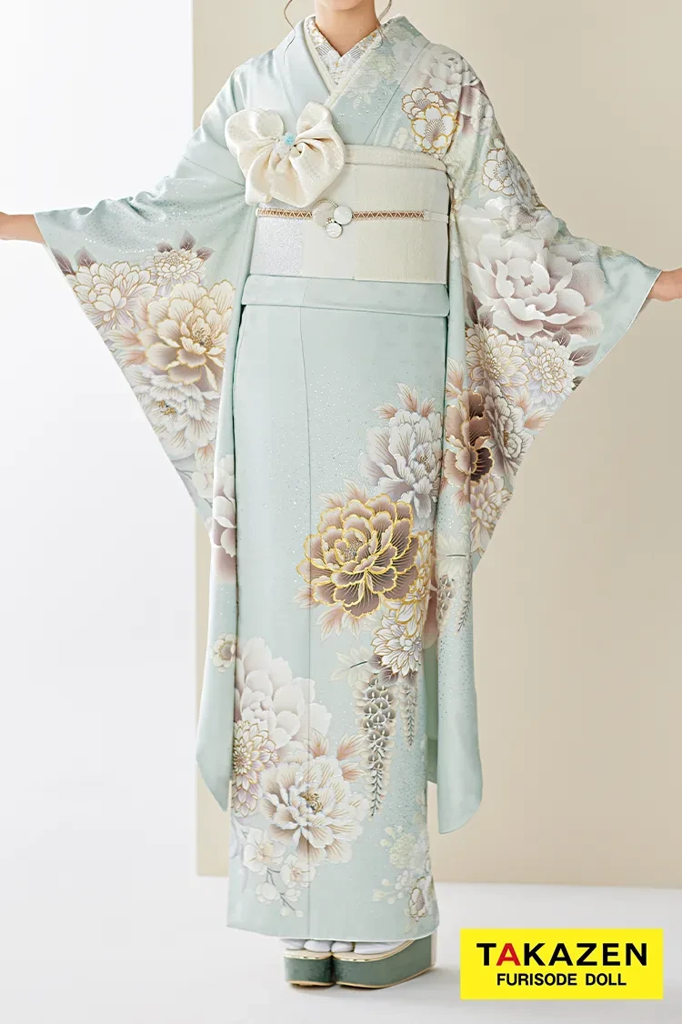 TAKAZENのレンタル振袖 正統派古典　くすみグリーン/ミントグリーン/水色　牡丹柄　かわいい　人気　假屋崎省吾デザイン振袖【通販可】23004
