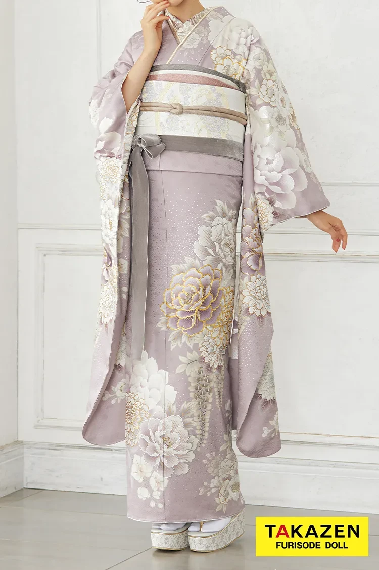 TAKAZENのレンタル振袖 くすみカラー古典 薄い紫/淡色 牡丹柄 大人っぽい エレガント 透明感のある 上品 假屋崎省吾デザイン振袖【通販可】23029