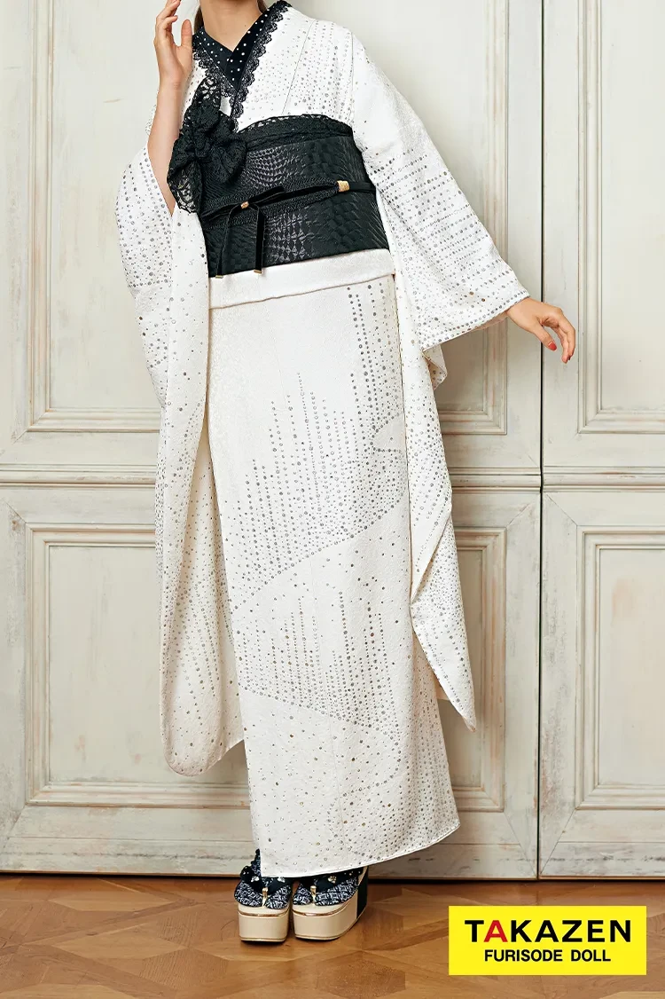TAKAZENのレンタル振袖 レトロ　白/ホワイト/真っ白　無地　シンプル　キラキラ　ラメ入り　個性的　振袖【通販可】23038