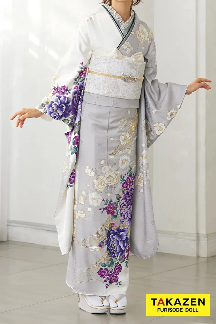 TAKAZENのレンタル振袖 くすみカラー古典　グレー/白/紫/淡い色　ボタン柄　シンプル　大人っぽい　バイカラー　品のある振袖【通販可】24024