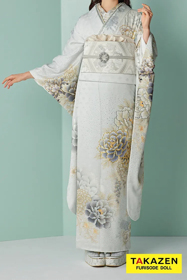 TAKAZENのレンタル振袖 くすみカラーエレガント ライトグレー/ニュアンスカラー 牡丹柄 綺麗 シンプル 假屋崎省吾デザイン振袖【通販可】24027