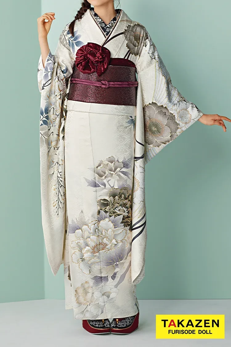 TAKAZENのレンタル振袖 カラーくすみエレガント アイボリー/オフカラー 牡丹柄/古典柄 大人っぽい 上品 シンプル振袖 すっきり【通販可】24030