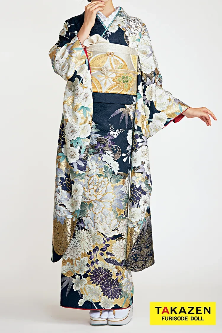 TAKAZENのレンタル振袖 正統派古典　紺色(ネイビー)/金　牡丹柄　豪華　きれいめ　華やか　清楚　大人っぽい振袖【通販可】24049