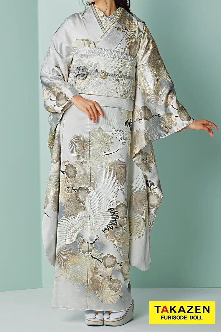 TAKAZENのレンタル振袖 くすみカラーエレガント　グレー/ニュアンスカラー　鶴柄/針松柄　大人っぽい　綺麗　ワントーンコーデ【通販可】25024