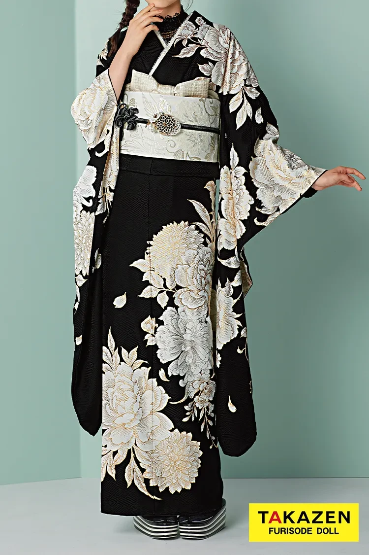 TAKAZENのレンタル振袖 くすみカラーエレガント　黒/白/モノトーン　牡丹柄　大人っぽい　黒ベース　レース小物コーデ【通販可】25026