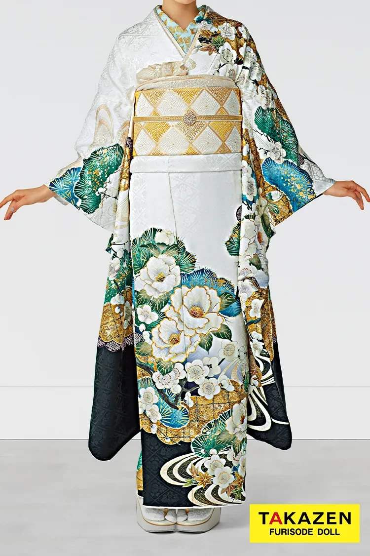 TAKAZENのレンタル振袖 正統派古典 白地/緑/金 椿柄/流水模様 シンプル 大人っぽい 清楚 低身長さんにおすすめ【通販可】25062