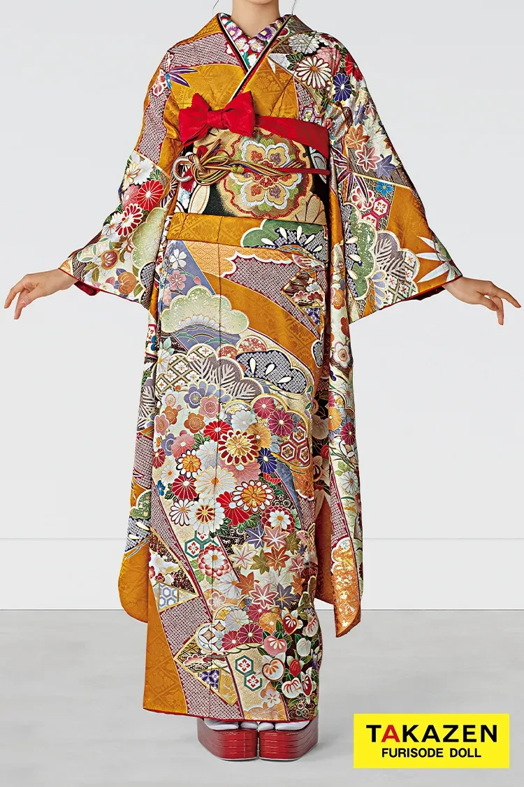 TAKAZENのレンタル振袖 正統派古典　からし　熨斗柄/菊柄　柄小さめ　上品　柄多め　かわいい　今どき　人気【通販可】25068