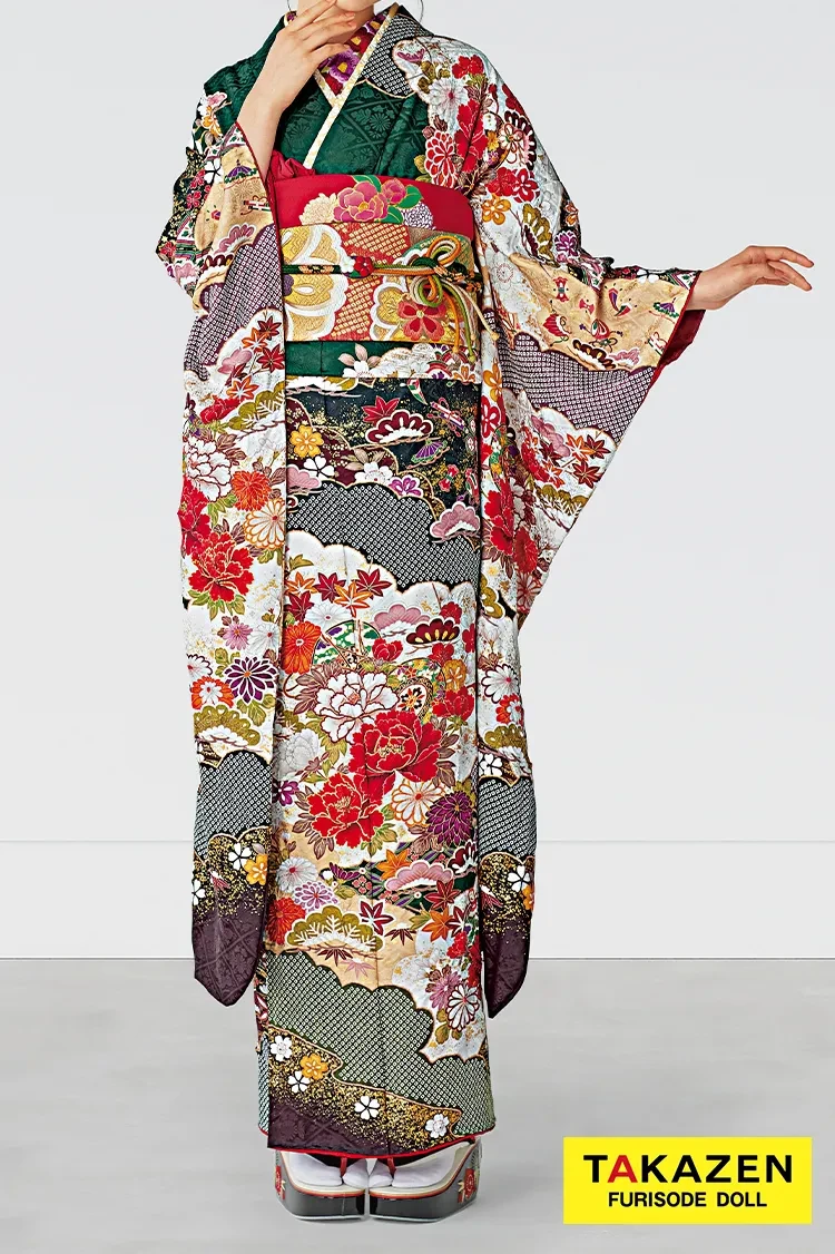 TAKAZENのレンタル振袖 正統派古典 緑/赤 鼓/牡丹柄 柄小さめ 低身長さんにおすすめ 清楚 唐絞り京友禅【通販可】25072