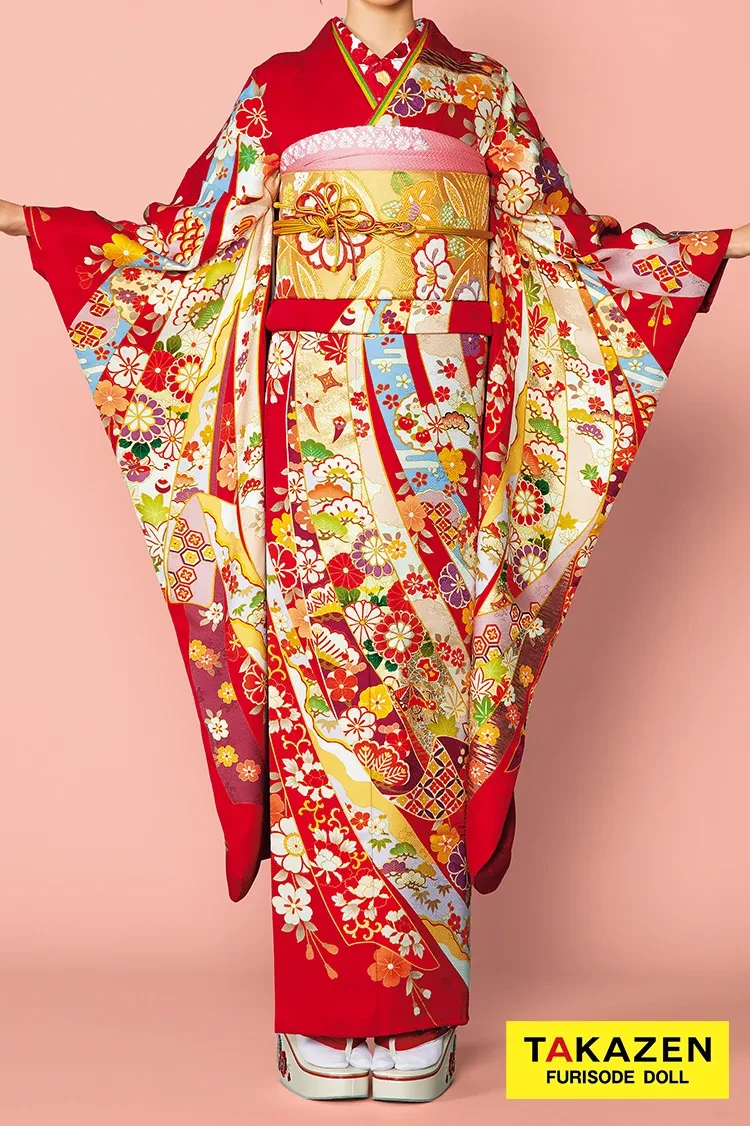 TAKAZENのレンタル振袖 正統派古典　赤/クリーム/ゴールド(金色)　熨斗柄　豪華　大人っぽい　綺麗　【通販可】32065