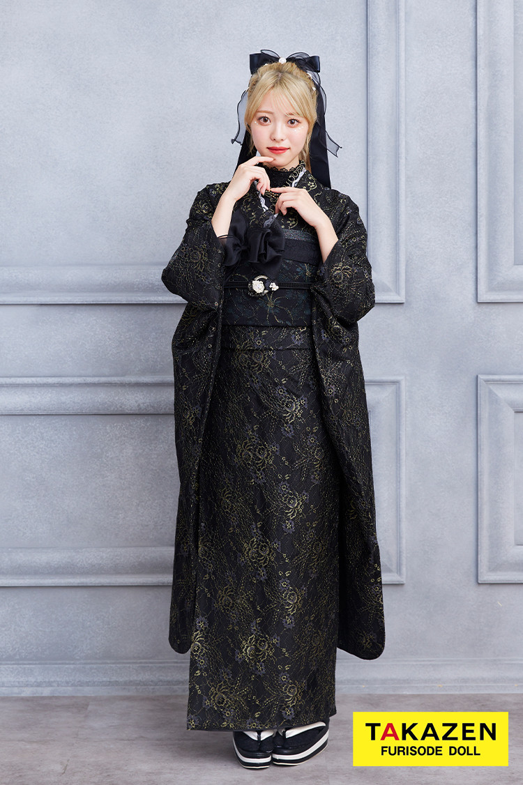 TAKAZENのレンタル振袖 格安！ヴィンテージスタイル　黒/ブラック　総レース　おしゃれ振袖　ブーツスタイル　レース小物コーデ【通販可】23013