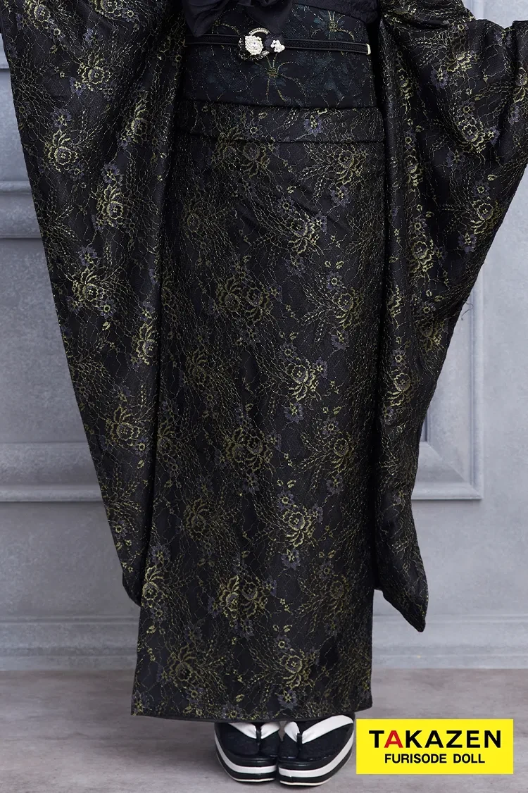 TAKAZENのレンタル振袖 格安！ヴィンテージスタイル　黒/ブラック　総レース　おしゃれ振袖　ブーツスタイル　レース小物コーデ【通販可】23013