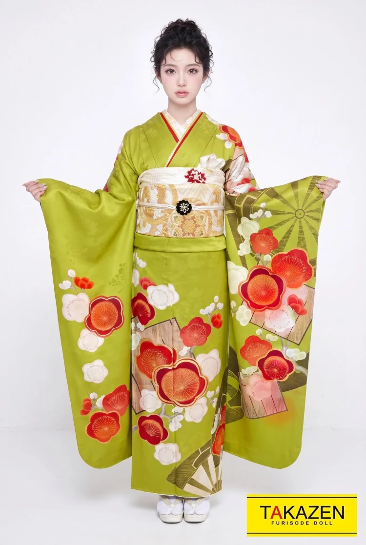 TAKAZENのレンタル振袖 正統派古典　永樂屋　鶸色/グリーン(黄緑)/オレンジ　梅柄/すっきり柄　上品　おしとやか古典振袖　大人かわいい【通販可】YK167