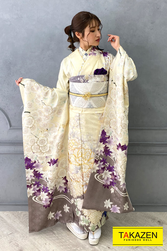 TAKAZENのレンタル振袖 正統派古典　クリーム/黄/グレー/ダスティーカラー　ボタン柄　上品古典振袖　華やか　オフカラー【通販可】YK173
