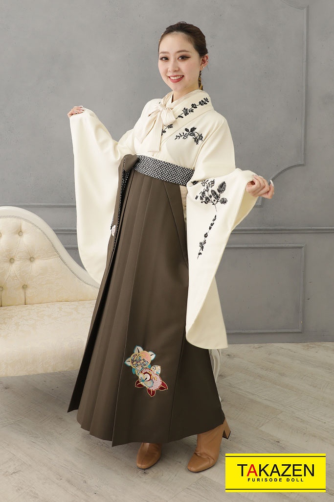 【卒業式袴レンタル/通販可】シンプルアンティーク調刺繍(kamishibai)　白/オフホワイト　R22024