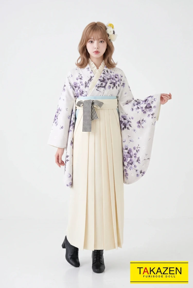 TAKAZENのレンタル袴 くすみカラーガーリー　紫/グレー　小花柄　大人っぽい　おしゃれ　上品　寒色系【通販可】R22028