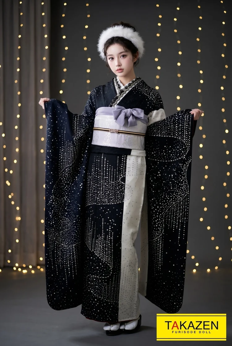 TAKAZENのレンタル振袖 ヴィンテージスタイル 白/黒/ネイビー シンプル柄 アンティーク調振袖 キラキラスラメ入り ブーツスタイル おしゃれな着こなし【通販可】YK193