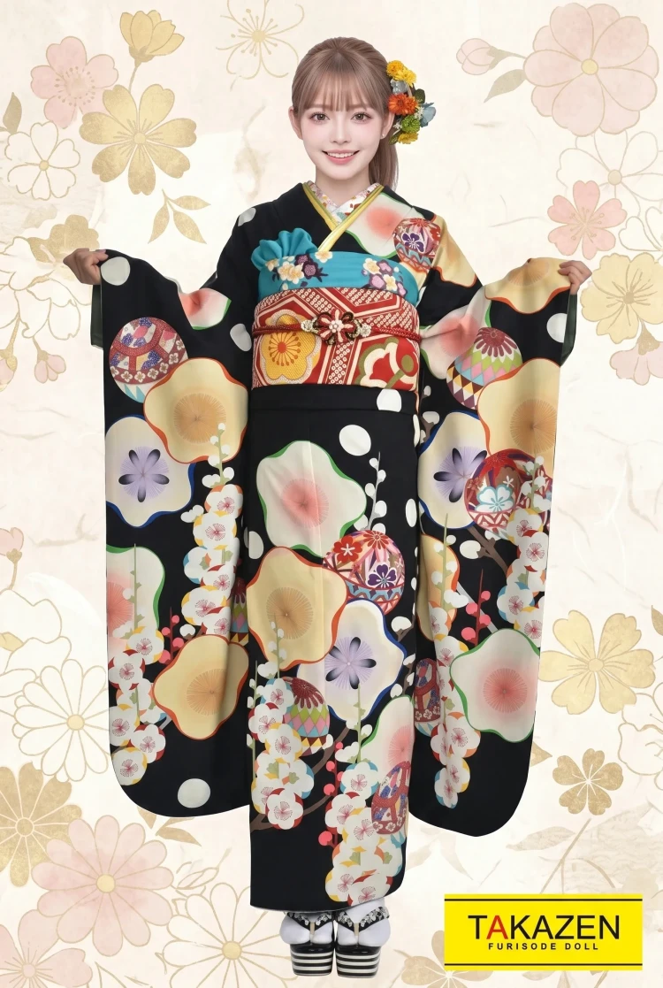 TAKAZENのレンタル振袖 格安レトロ　黒/黄/赤　和柄　大正ロマン振袖　個性的　かわいい【通販可】#F0015