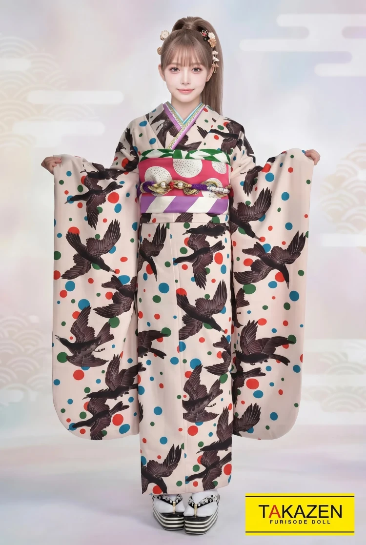 TAKAZENのレンタル振袖 個性的レトロモダン　クリーム/くすみ色　八咫烏振袖　被らない　目立つ【通販可】#F0016
