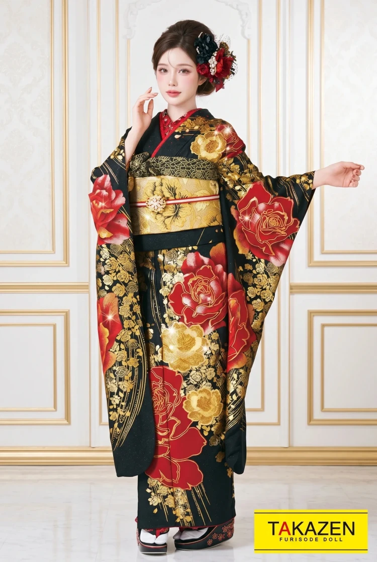 TAKAZENのレンタル振袖 ヘップバーン 赤/黒/ゴールド ベルベット素材バラ柄 ゴージャス 高級エレガント振袖 スワロフスキー付き【通販可】#F0028