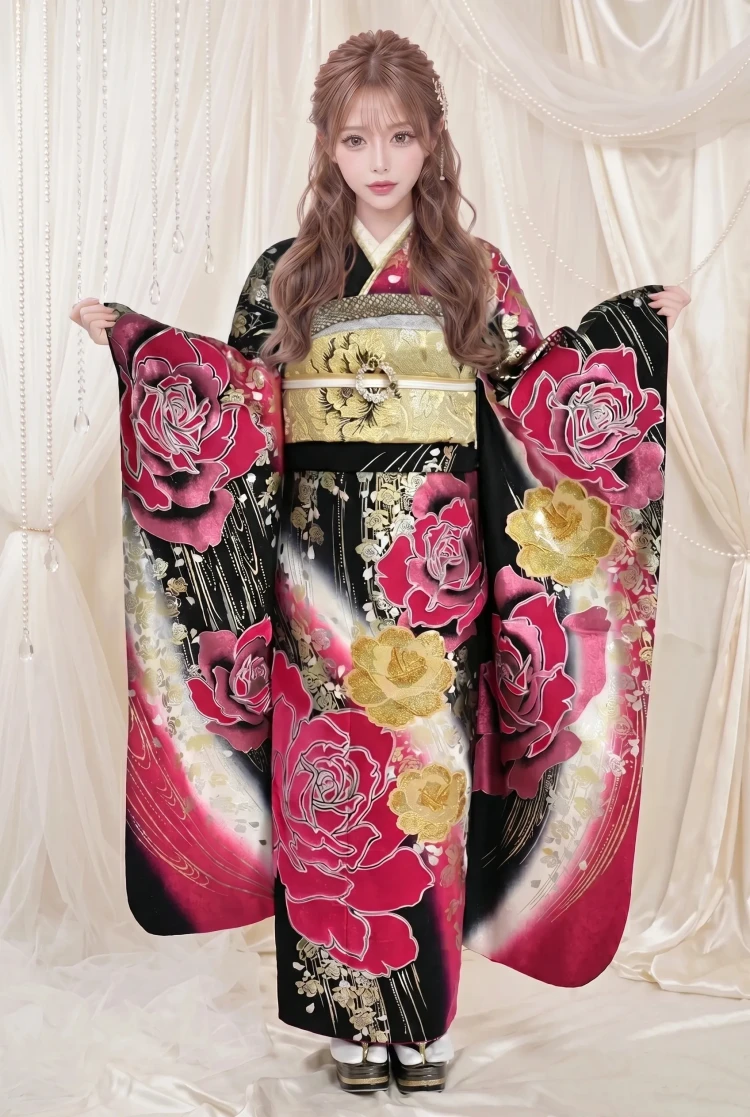 TAKAZENのレンタル振袖 ヘップバーン　ピンク/黒/ゴールド　薔薇柄　ベルベット素材　セレブ　高級　エレガント振袖　スワロフスキー付き【通販可】#F0030