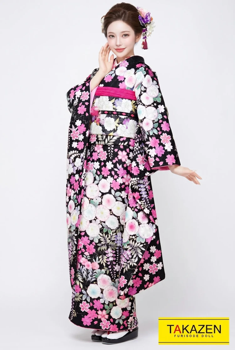 TAKAZENのレンタル振袖 正統派古典　黒/ピンク/白　辻が花柄/唐絞り　上品　かわいらしい振袖　おしとやか　高級【通販可】#F0048