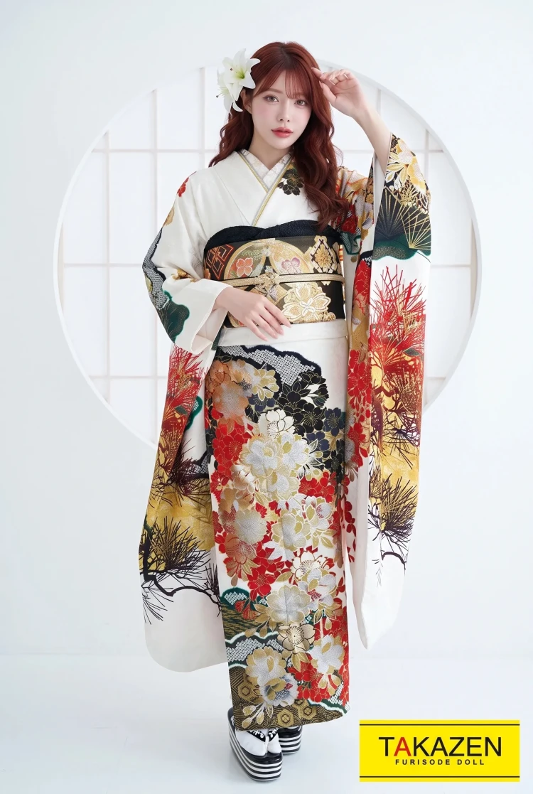 TAKAZENのレンタル振袖 ジャパンモード　白/ゴールド(金色)　針松柄/桜柄　渋い　花魁風　派手振袖　煌びやか【通販可】G11