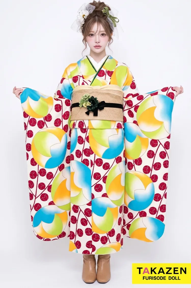 TAKAZENのレンタル振袖 プチプライスレトロ 白/赤/水色 水玉模様 個性的 レトロポップ振袖 人と被らない ブーツコーデ 【通販可】G18