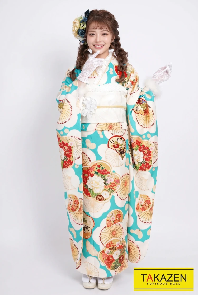 TAKAZENのレンタル振袖 プチプライスレトロ 白/水色 梅柄 個性的 かわいい 格安 レース小物コーデ レトロポップ振袖【通販可】G19
