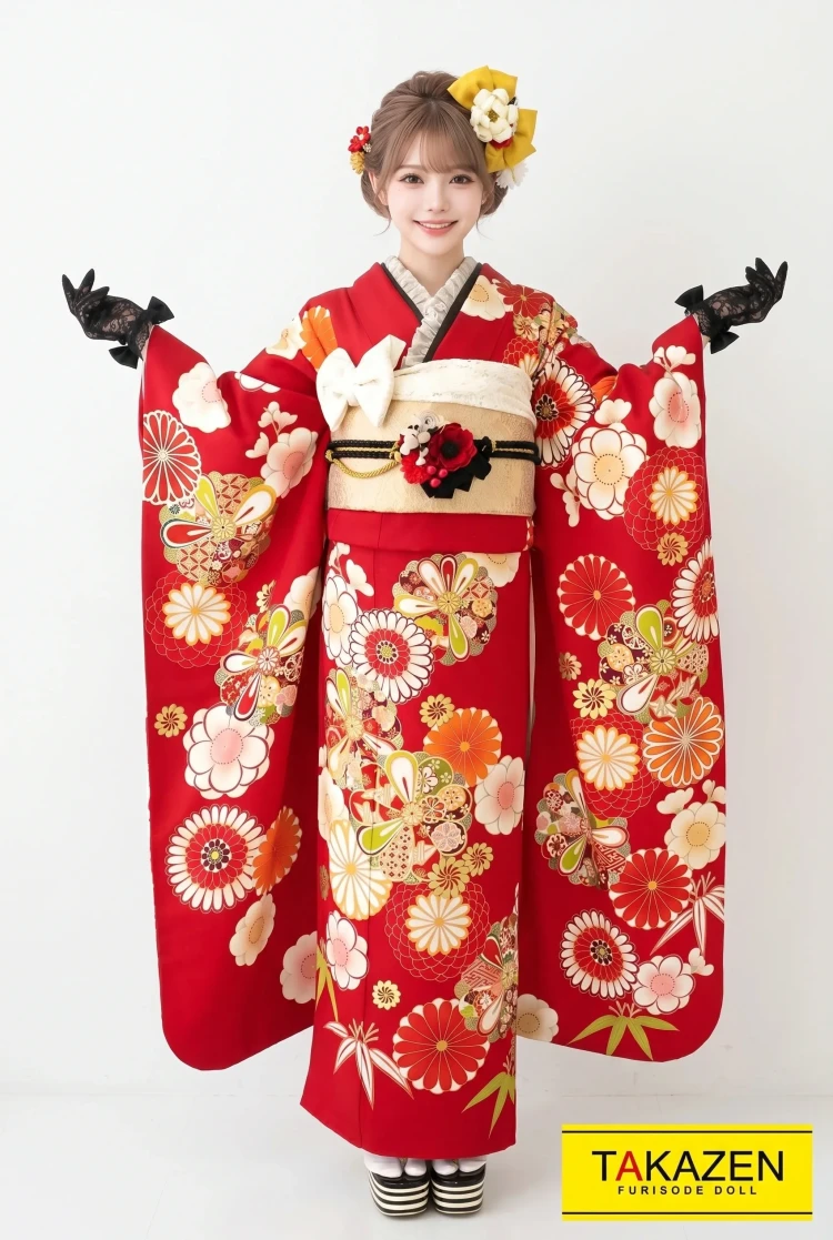 TAKAZENのレンタル振袖 正統派古典　赤/オレンジ　菊柄　おしゃれ　かわいい　レトロポップ振袖　赤地【通販可】G7