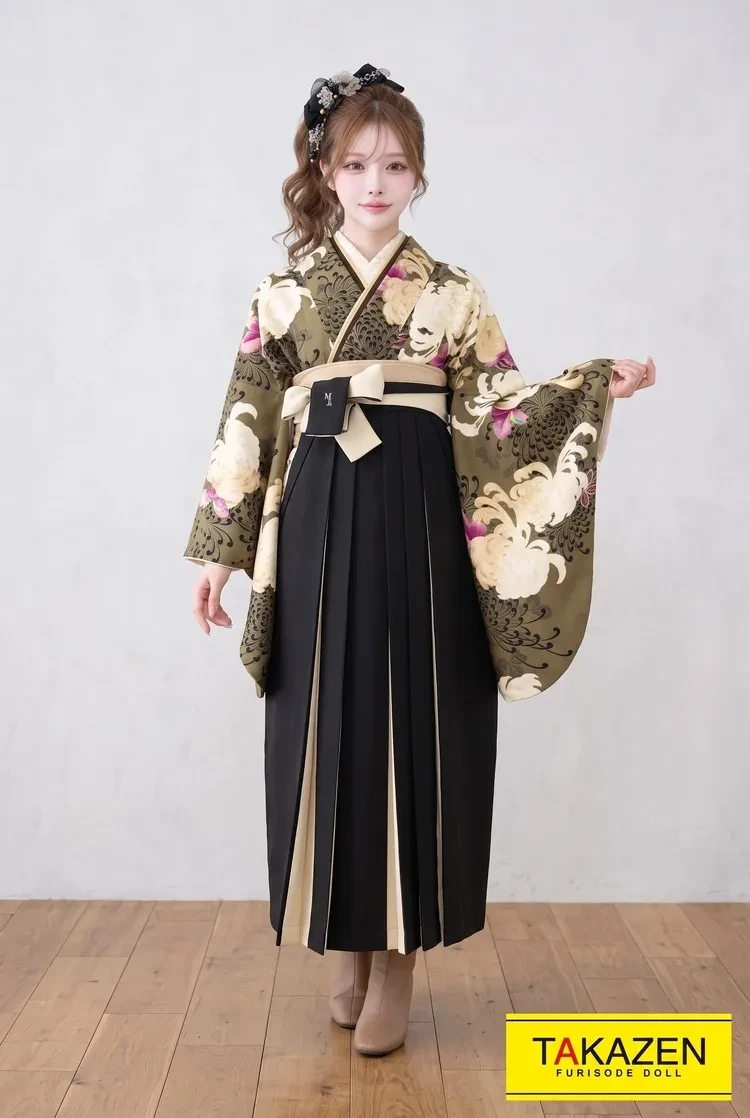 TAKAZENのレンタル袴 正統派古典　くすみグリーン(緑色)　乱菊柄　今田美桜ブランド袴　大人かわいい　清楚系【通販可】K22036
